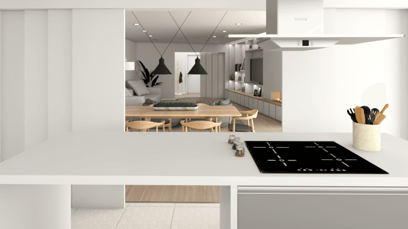 Render vista cozinha sala